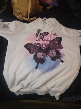 White Hoodie with Pink & Purple Butterfly Graphic - Always Evolving SIZE XXS